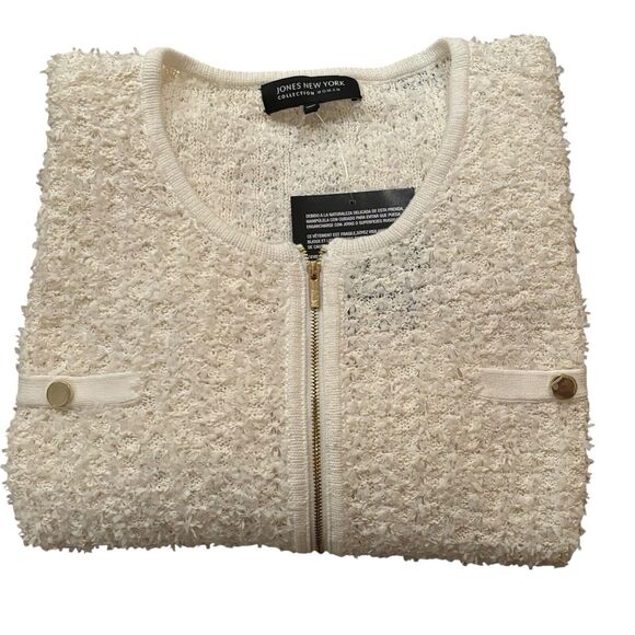 Jones New York Ivory Boucle Cotton Blend Zipper Sweater Cardigan Eyelash 2X NEW - Picture 2 of 10